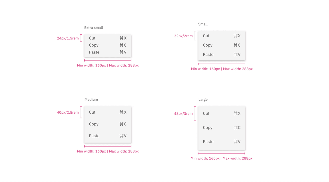 Menu sizes